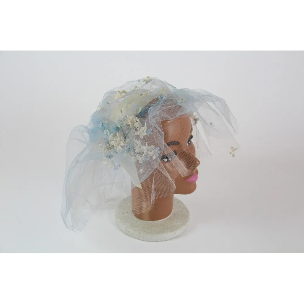 Vintage 1950s Wax Flower Fascinator Hat Crown Blue Veil Rizik Bros New York